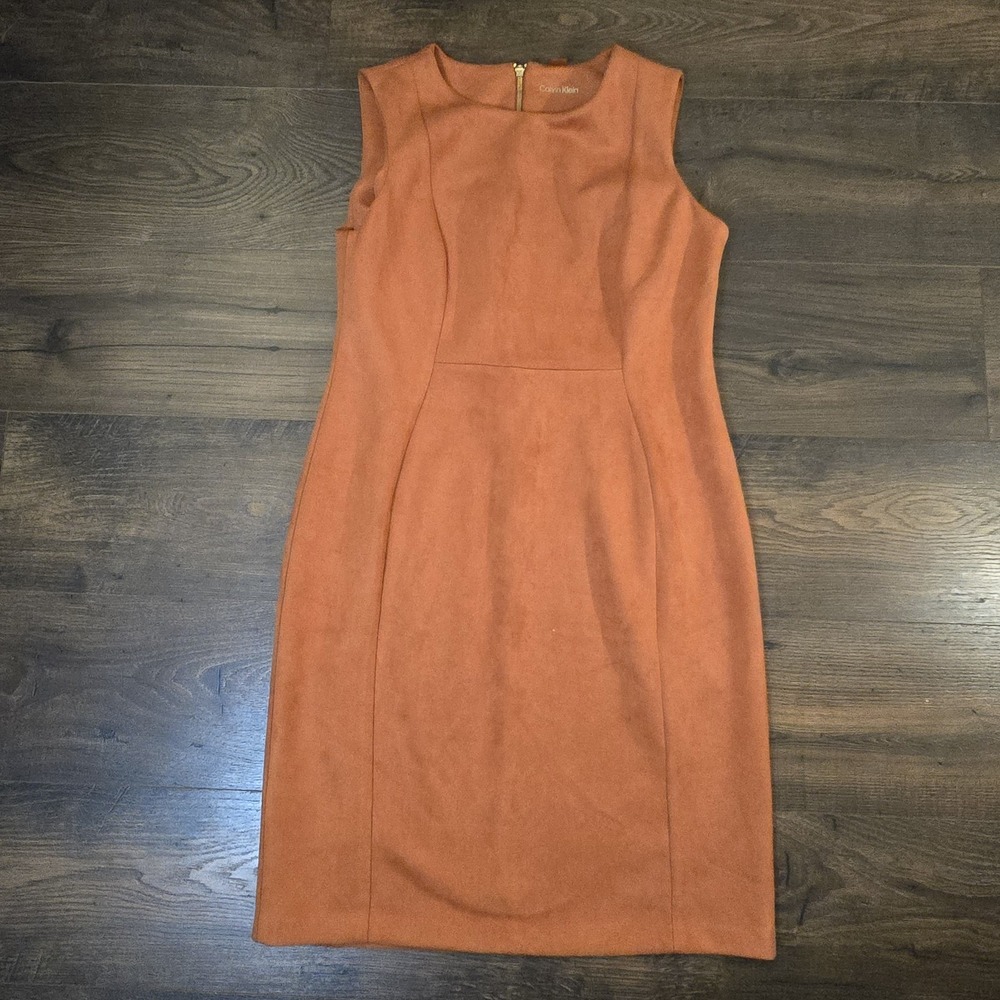 Calvin Klein Orange Faux Suede Sheath Dress Womens 12 Sleeveless Lined